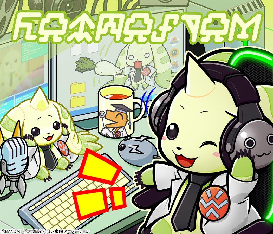 agumon_hakase, body_fur, choromon, coat, commentary_request, computer_keyboard, digimon, digimon_(creature)