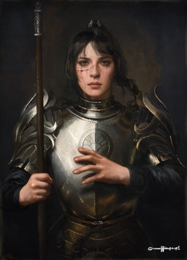 1girl, armor, artist_name, baldur's_gate, baldur's_gate_3, black_hair, blood, breastplate, brown_eyes, cowboy_shot, dungeons_&amp;_dragons, gradient_background, hair_ornament, holding, holding_polearm, holding_weapon, long_sleeves, muffinpoop1, multi-tied_hair, polearm, scar, scar_on_face, shadowheart_(baldur's_gate), shoulder_plates, solo, weapon