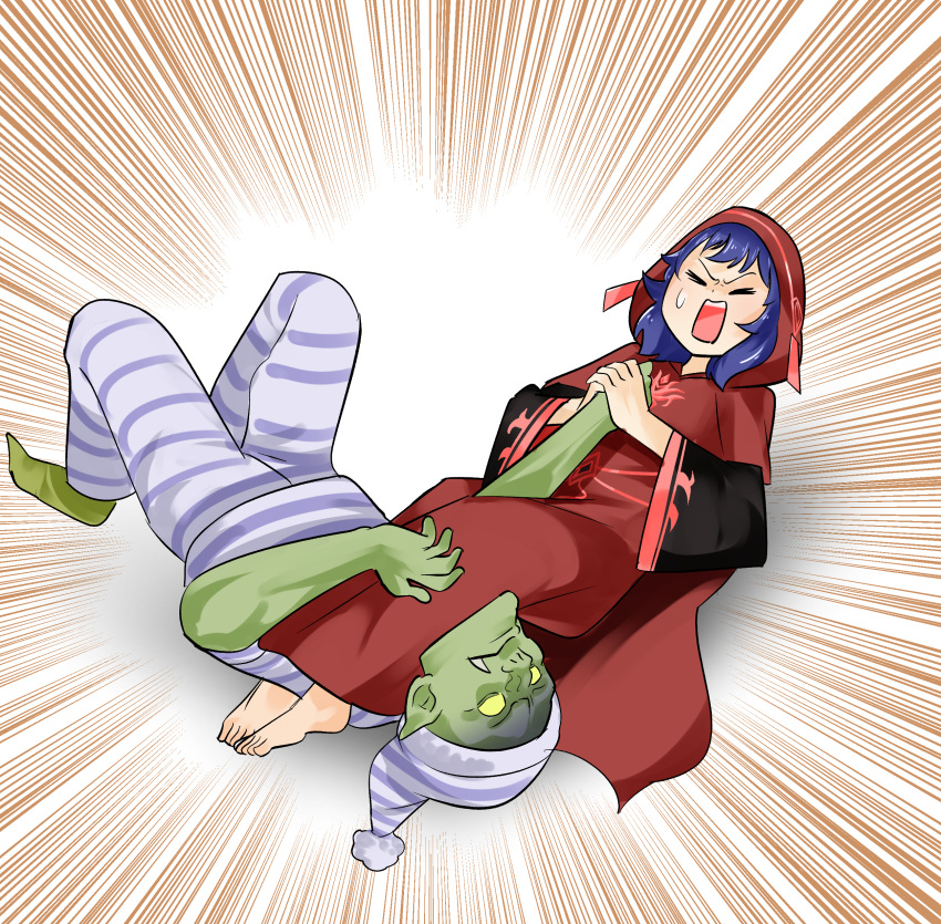 1boy, 1girl, absurdres, asphyxiation, blue_hair, colored_skin, commission, duel_monster, goblin, goblin_attack_force, green_skin, highres, leg_lock, lo_the_prayers_of_the_voiceless_voice, pajamas, red_robe, robe, sawan_cutman, skeb_commission, wrestling, yu-gi-oh!
