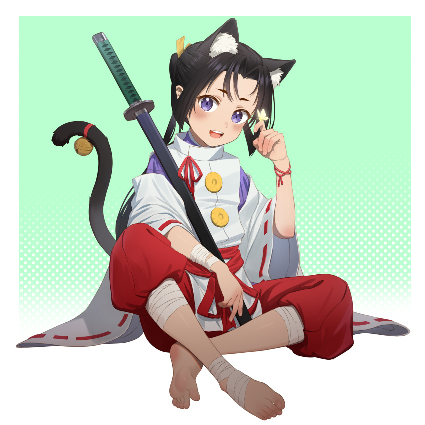 1boy, animal_ear_fluff, animal_ears, barefoot, bell, ben-day_dots, black_hair, blush
