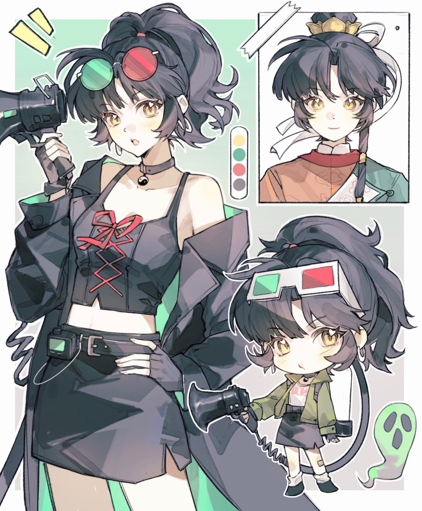 1girl, 3d_glasses, :o, an-an_lee, belt, black_belt, black_camisole, black_choker, black_coat, black_gloves, black_hair, black_skirt, border, camisole, chibi, chibi_inset, chinese_clothes, choker, clothes_writing, coat, commission, cowboy_shot, earrings, eyewear_on_head, fingerless_gloves, ghost, gloves, green-tinted_eyewear, green_jacket, hand_on_own_hip, hand_up, hanfu, heterochromatic_eyewear, highres, holding, holding_megaphone, jacket, jewelry, looking_at_viewer, medium_hair, megaphone, midriff, miniskirt, multiple_views, notice_lines, official_alternate_costume, outside_border, pencil_skirt, ponytail, portrait, red-tinted_eyewear, reverse:1999, round_eyewear, second-party_source, shirt, single_bare_shoulder, single_off_shoulder, skirt, smile, tinted_eyewear, white_border, white_shirt, xiao_guan_(headdress), yellow_eyes, yin_yang, yuanweiji_mengnu