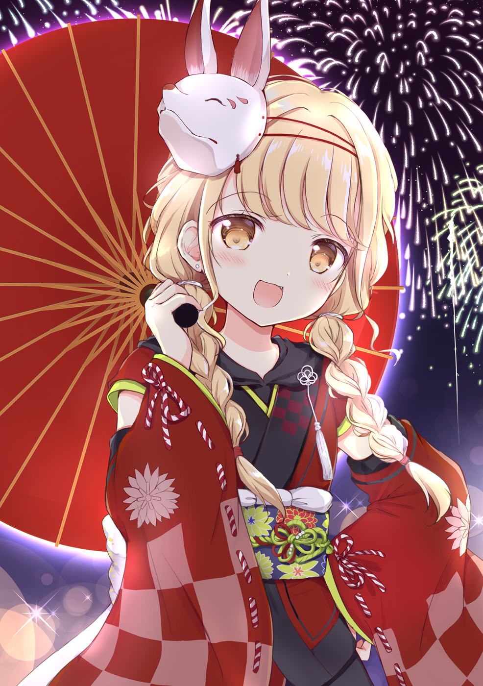 1girl, :d, aerial_fireworks, black_kimono, blonde_hair, blush, braid, brown_eyes
