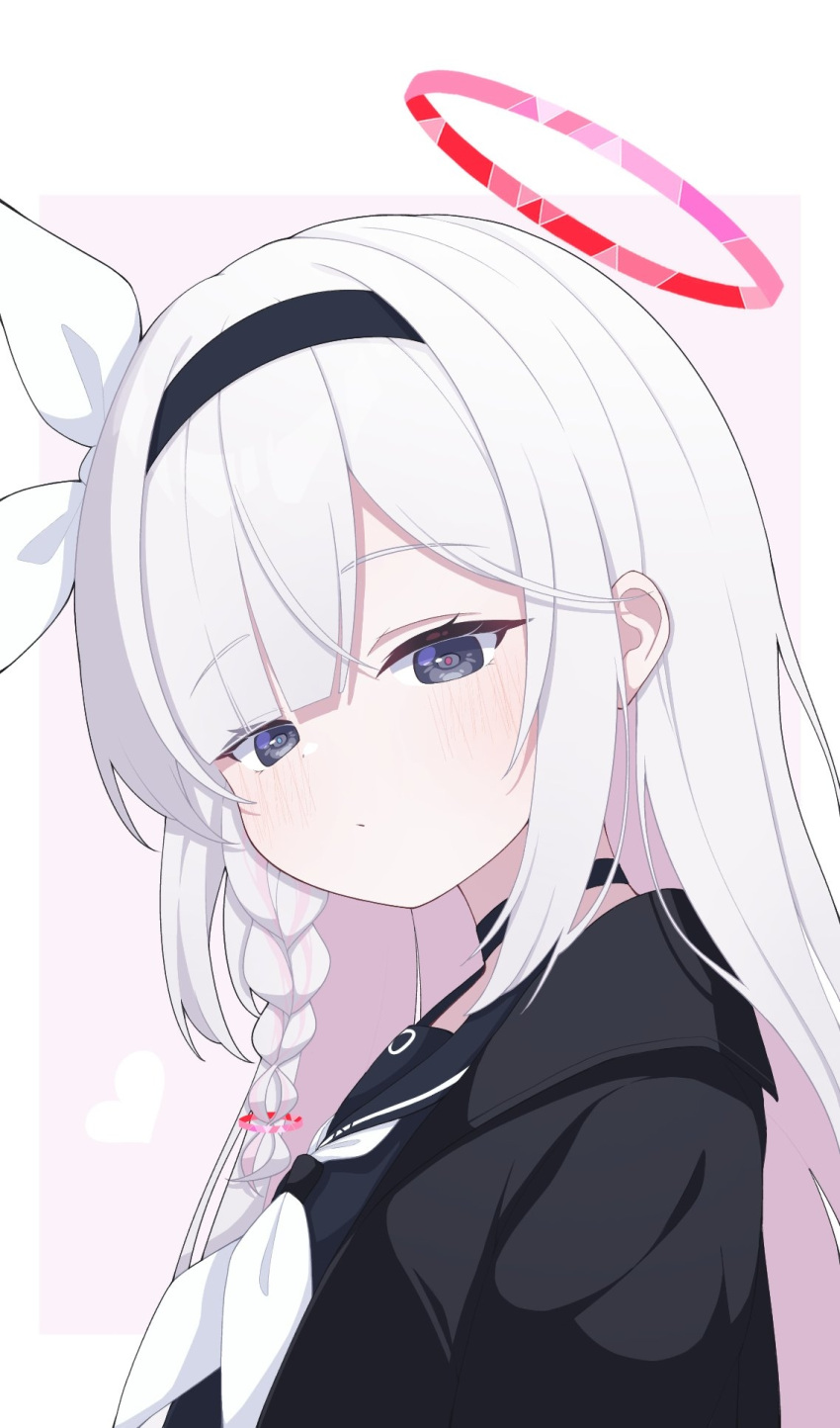 black_choker, black_hairband, black_jacket, black_serafuku, blue_archive, blush, bow, braid, choker, cinamon_(cinamori), closed_mouth, eyebrows_hidden_by_hair, grey_eyes, hair_bow, hairband, halo, highres, jacket, long_hair, looking_at_viewer, multicolored_hair, neckerchief, open_clothes, open_jacket, pink_hair, plana_(blue_archive), red_halo, red_pupils, red_ribbon, ribbon, sailor_collar, school_uniform, serafuku, two-tone_hair, white_bow, white_hair, white_neckerchief
