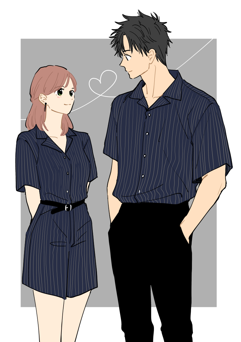 1boy, 1girl, akiyama_momiji, belt, black_hair, black_pants, black_shirt, brown_eyes