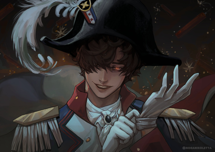 1boy, absurdres, adapted_costume, adjusting_clothes, adjusting_gloves, animification, ascot, black_hat