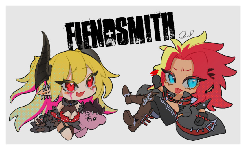 1boy, 1girl, bare_shoulders, blonde_hair, blue_eyes, breasts, chibi, commentary_request