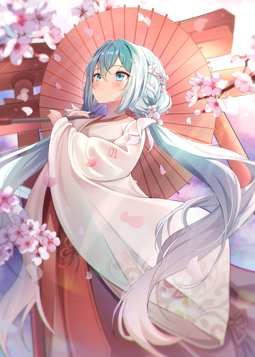 1girl, absurdres, aqua_eyes, aqua_hair, blurry, blush, cherry_blossoms, closed_mouth