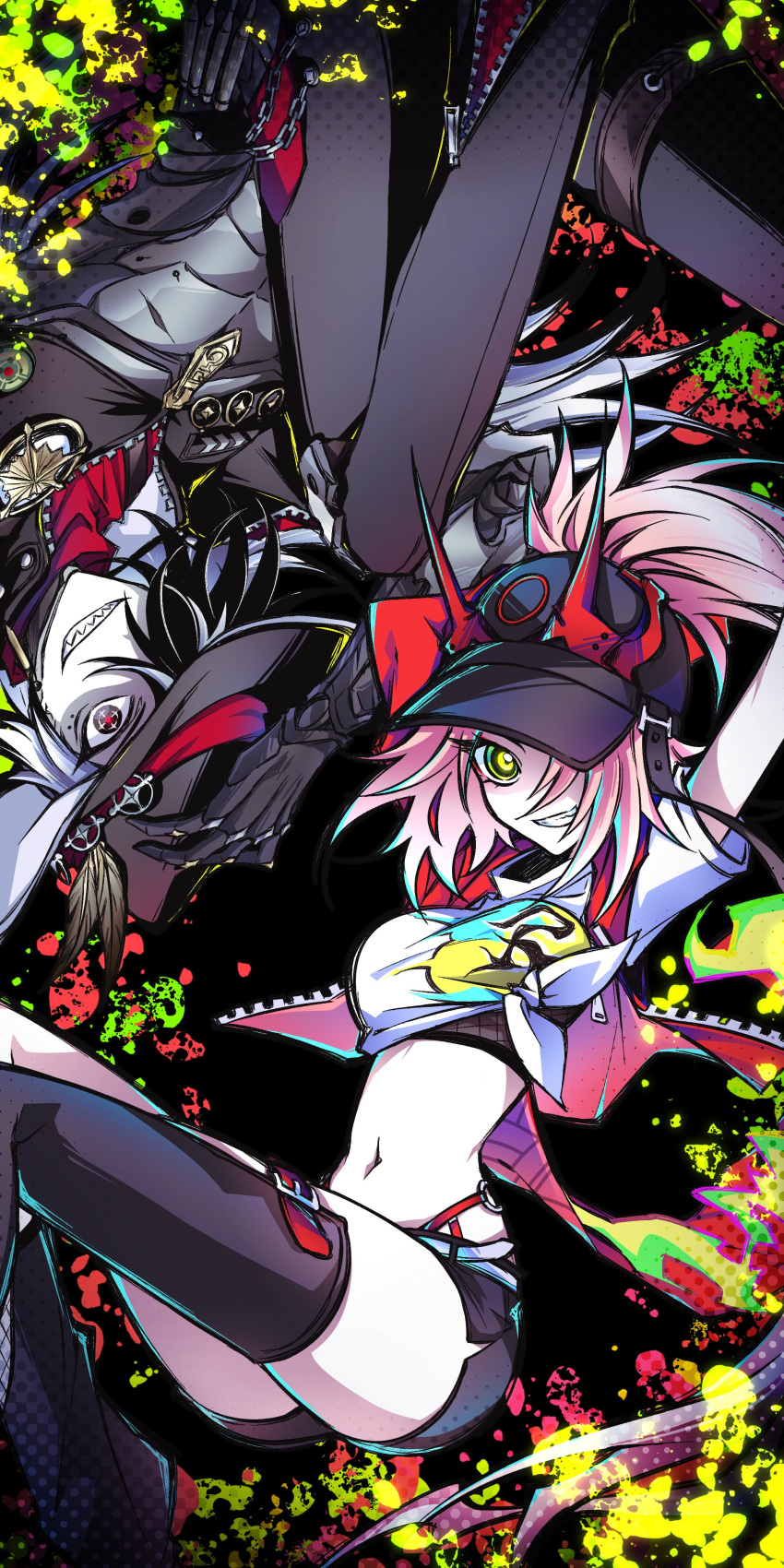 0tya00ml, 1boy, 1girl, absurdres, arms_up, baseball_cap, black_hair, black_jacket