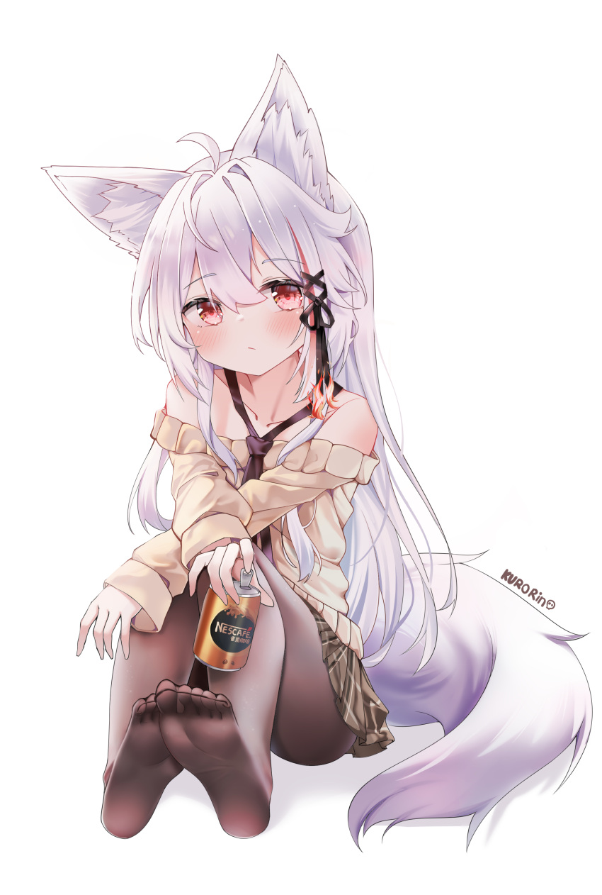 1girl, absurdres, animal_ear_fluff, animal_ears, black_pantyhose, brown_skirt, can, canned_coffee