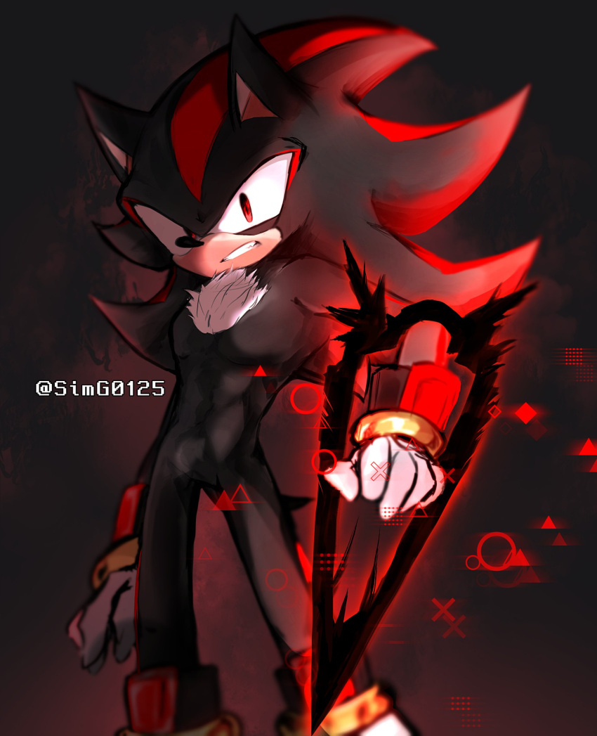 1boy, animal_ears, animal_nose, animator_vs_animation, arm_at_side, arm_blade, artist_name, aura, black_background, black_fur, black_hair, blurry, body_fur, boots, borrowed_weapon, clenched_teeth, commentary, dark, dark_aura, depth_of_field, energy_weapon, english_commentary, fang, furry, furry_male, glitch, gloves, glowing, glowing_weapon, highres, long_hair, looking_at_viewer, male_focus, multicolored_footwear, multicolored_fur, multicolored_hair, neck_fur, pectorals, red_eyes, red_fur, redhead, shadow_the_hedgehog, shapam_(zeepgalae), sidelighting, sideways_mouth, solo, sonic_(series), spiky_hair, standing, streaked_hair, tail, teeth, toned, toned_male, twitter_username, two-tone_hair, watermark, weapon, white_fur, white_gloves