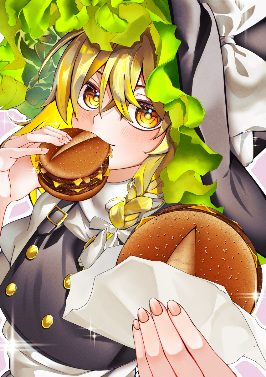 1girl, 22_zefar, absurdres, black_hat, blonde_hair, bow, burger, buttons, close-up, crossed_bangs, double-breasted, fingernails, food, hair_between_eyes, hat, hat_bow, highres, holding, holding_food, kirisame_marisa, large_hat, looking_at_viewer, mcdonald's, solo, sparkle, touhou, upper_body, white_bow, witch_hat, yellow_eyes