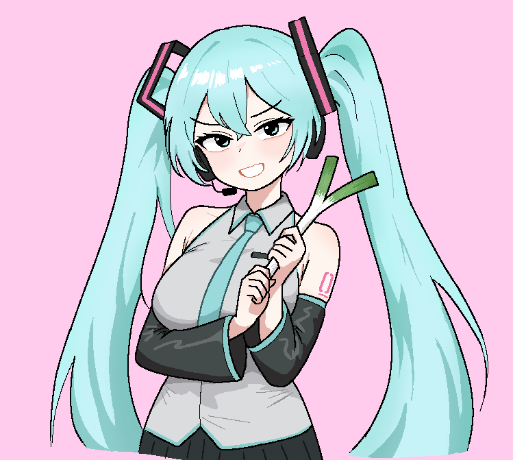 1girl, aqua_hair, cocktiel77, detached_sleeves, food, grey_shirt, hatsune_miku, holding