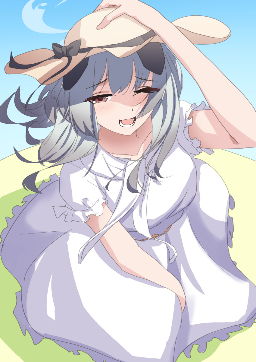1girl, absurdres, animal_ears, blue_archive, brown_eyes, cosmos_(rea1ityc0sm0s), dog_ears, dress