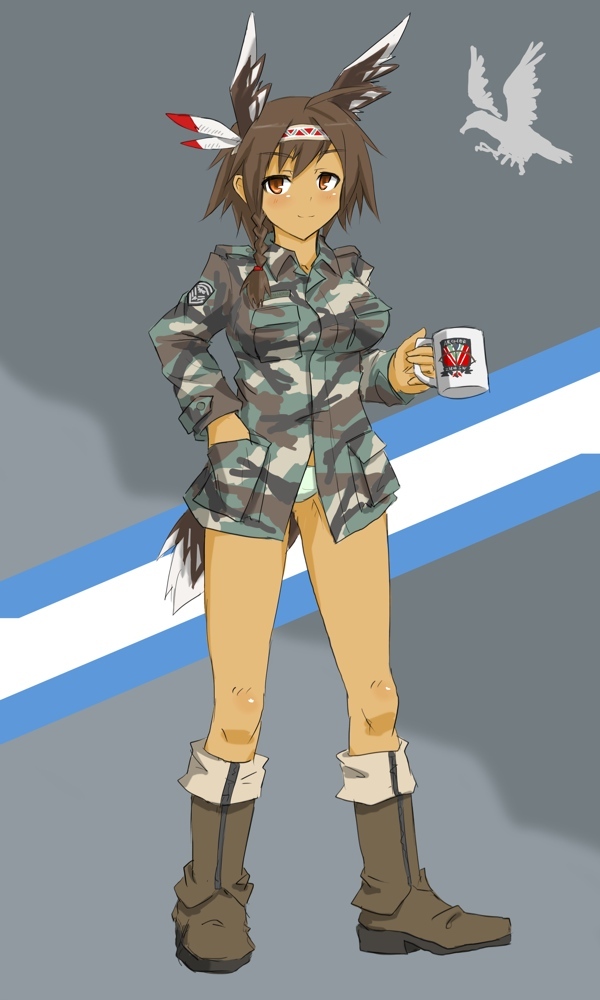 boots, brown_eyes, brown_hair, coffee_mug, commentary, dark_skin, head_wings, headdress