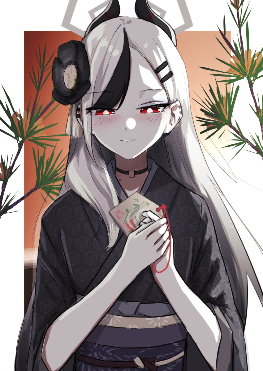1girl, absurdres, black_kimono, blue_archive, cosmos_(rea1ityc0sm0s), flower, grey_hair, hair_flower