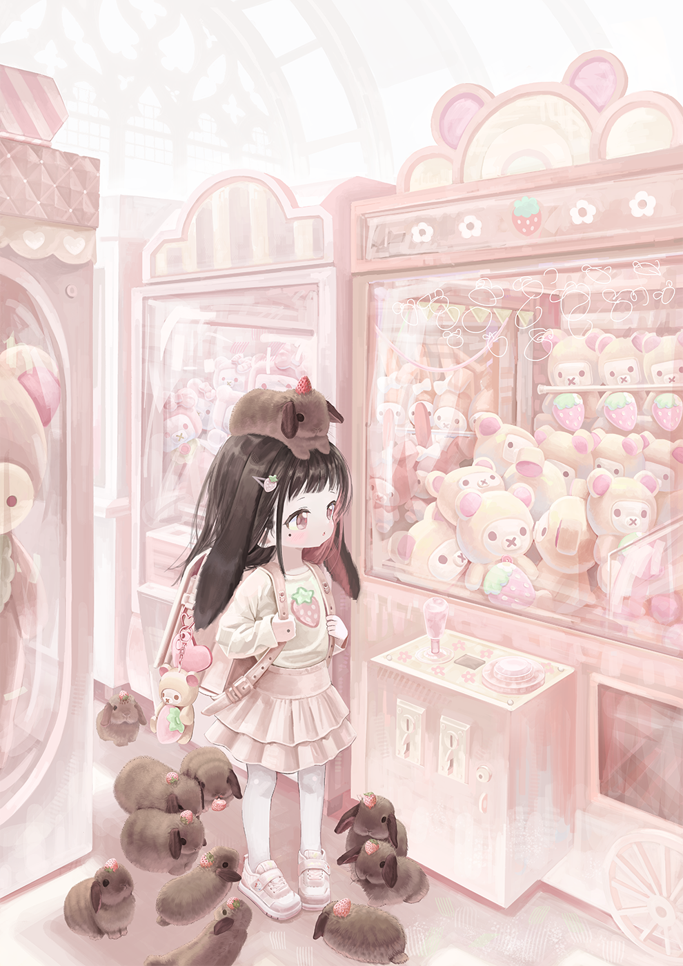 1girl, :o, :x, animal, animal_ears, animal_on_head, backpack, bag