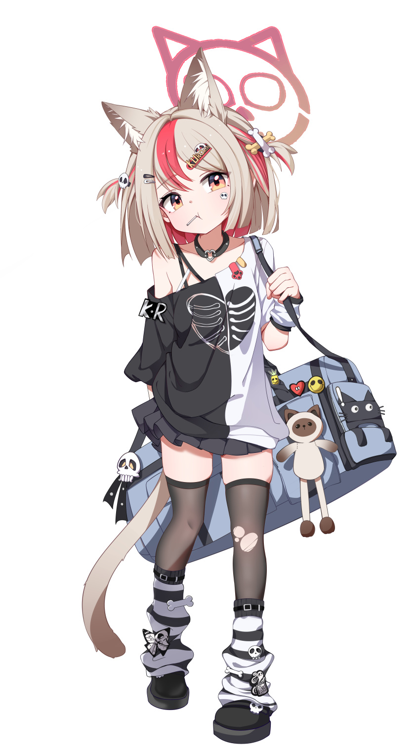 1girl, absurdres, animal_ears, badge, bag, bag_charm, black_collar, black_footwear