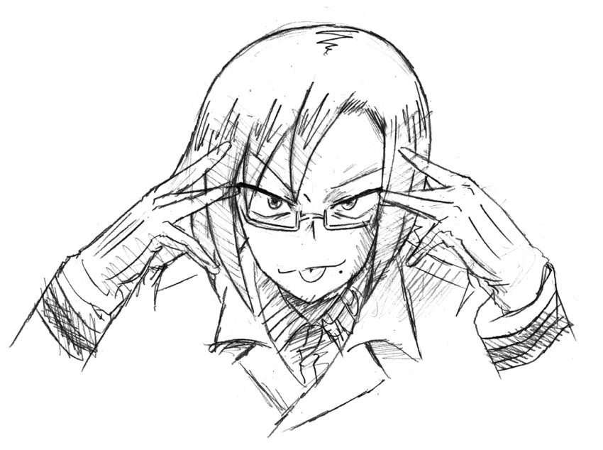 1girl, girls_und_panzer, glasses, greyscale, matsumoto_(matsumoto_kougyou), mole, mole_under_mouth, monochrome