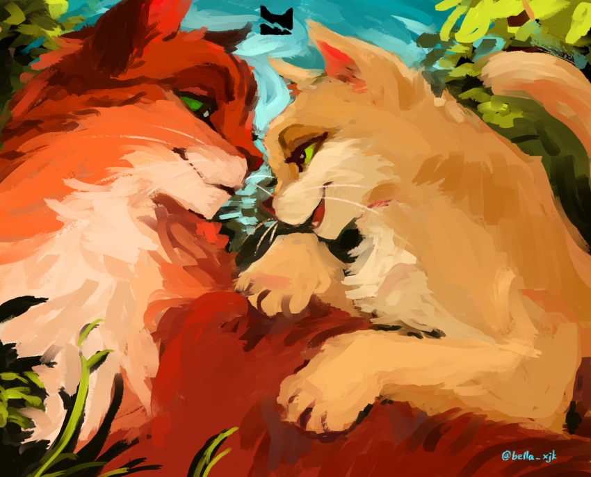 animal, animal_focus, bella_xjk, blue_sky, cat, commentary_request, couple, eye_contact, firestar_(warrior_cats), green_eyes, highres, leaf, looking_at_another, no_humans, orange_cat, orange_fur, outdoors, painterly, partial_commentary, sandstorm_(warrior_cats), signature, sky, tail, thunderclan_emblem, warrior_cats, whiskers, yellow_cat, yellow_fur