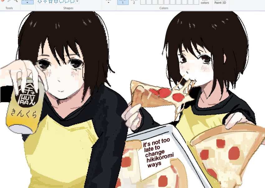 1girl, black_eyes, black_sleeves, blush, brown_hair, can, cheese_trail, closed_mouth, collarbone, eating, food, holding, holding_can, holding_food, holding_pizza, long_sleeves, looking_at_viewer, mi_zukii3, microsoft_paint_(medium), microsoft_paint_(software), nakahara_misaki, nhk_ni_youkoso!, pizza, pizza_slice, raglan_sleeves, shirt, short_hair, smile, solo, white_background, yellow_shirt, zukii3_mii