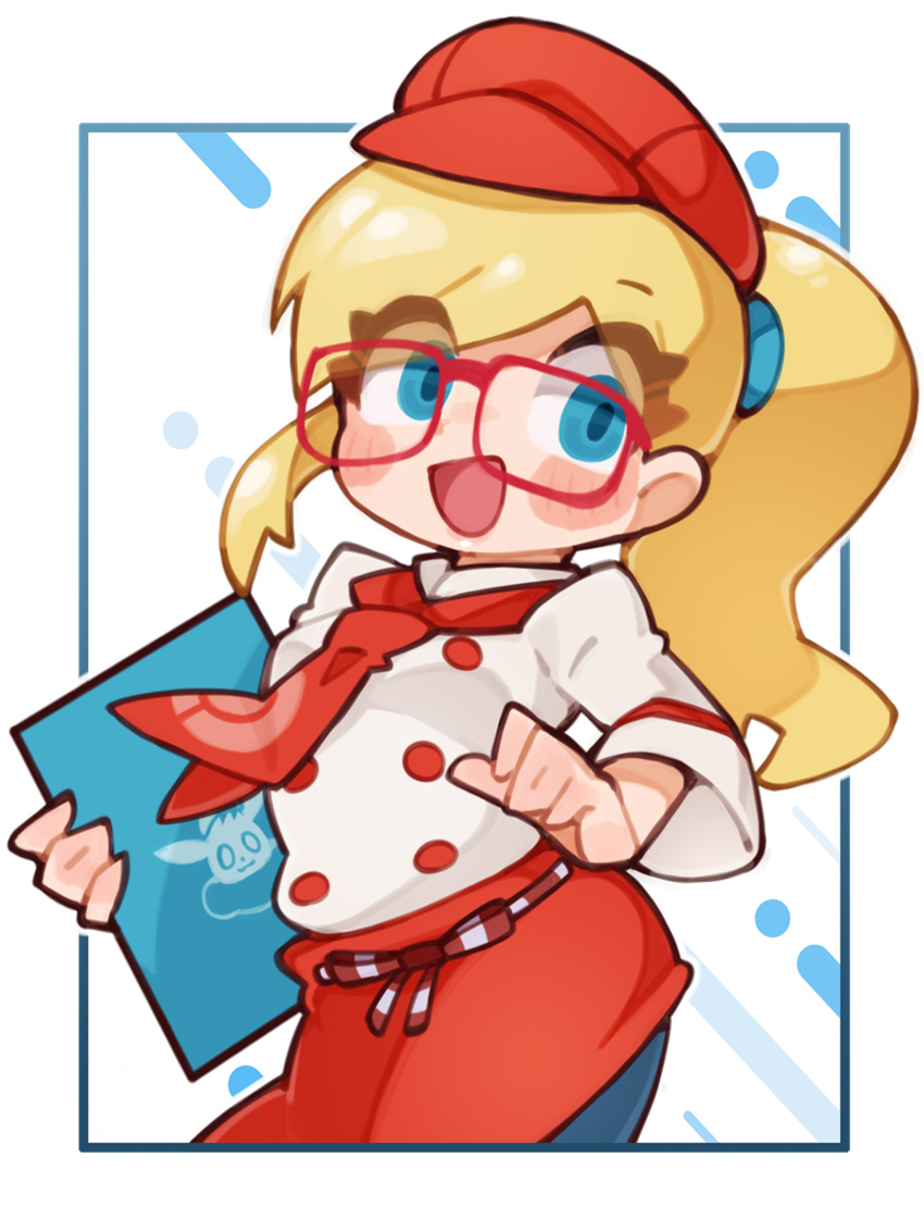 1girl, :d, absurdres, apron, aqua_eyes, blonde_hair, blush_stickers, border