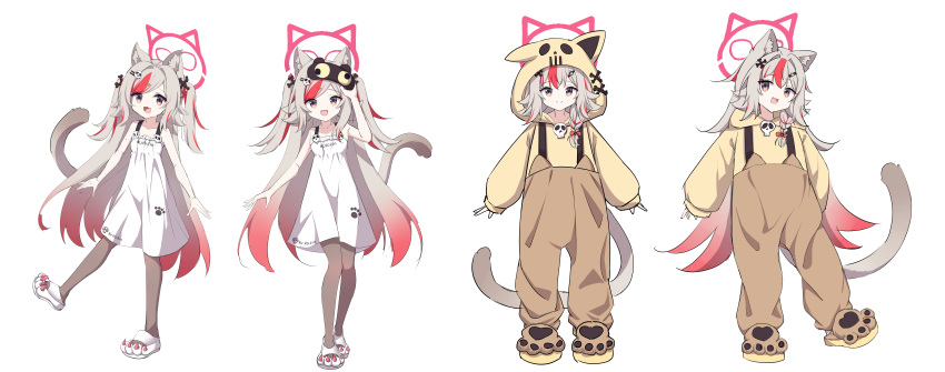 1girl, :d, absurdres, animal_ears, animal_hood, bone_hair_ornament, braid, brown_pants, cat_ears, cat_girl, cat_tail, dress, full_body, gradient_hair, grey_hair, grey_pantyhose, hair_ornament, halo, high-waist_pants, highres, hood, hood_down, hood_up, hoodie, incredibly_absurdres, koe_neko_(wmfj2858), long_hair, long_sleeves, mask, mask_on_head, multicolored_hair, original, pants, pantyhose, paw_print, paw_shoes, pink_eyes, pink_hair, pink_halo, puffy_long_sleeves, puffy_sleeves, redhead, side_braid, skull_hair_ornament, sleep_mask, sleeveless, sleeveless_dress, smile, sundress, suspender_pants, tail, two_side_up, very_long_hair, white_dress, yellow_hoodie