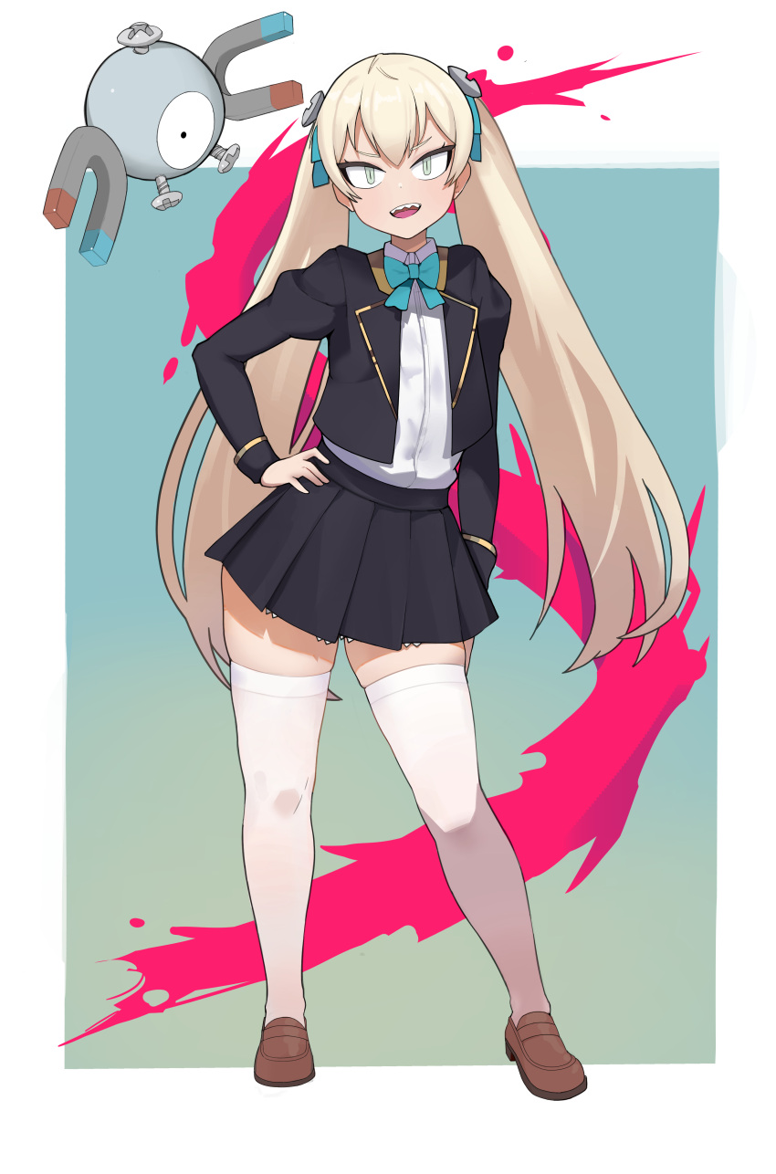 1girl, :d, absurdres, aqua_eyes, blazer, blonde_hair, borrowed_character, full_body