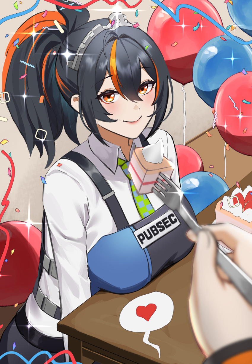 1girl, 1other, absurdres, anoreika_tomoe, balloon, black_hair, bulletproof_vest, clothes_writing, confetti, hair_between_eyes, happy_birthday, highres, long_hair, looking_at_viewer, multicolored_hair, necktie, orange_eyes, ponytail, shirt, smile, solo_focus, sparkle, streaked_hair, tiara, upper_body, white_shirt, zenless_zone_zero, zhu_yuan