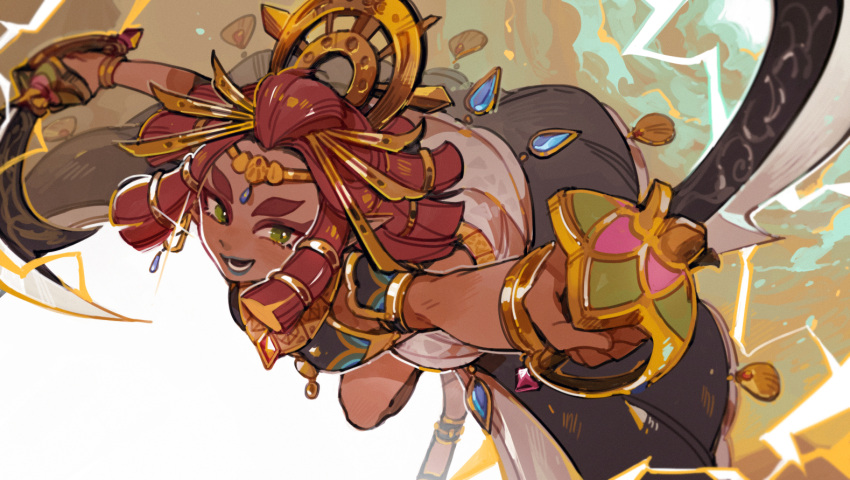1girl, blue_lips, bracelet, breasts, circlet, commentary_request, crown, dark-skinned_female, dark_skin, gem, gerudo, green_eyes, holding, holding_sword, holding_weapon, jewelry, lipstick, long_hair, looking_at_viewer, luminous_slime, makeup, neck_ring, open_mouth, perspective, pointy_ears, redhead, riju, smile, solo, sword, the_legend_of_zelda, the_legend_of_zelda:_tears_of_the_kingdom, thick_eyebrows, weapon