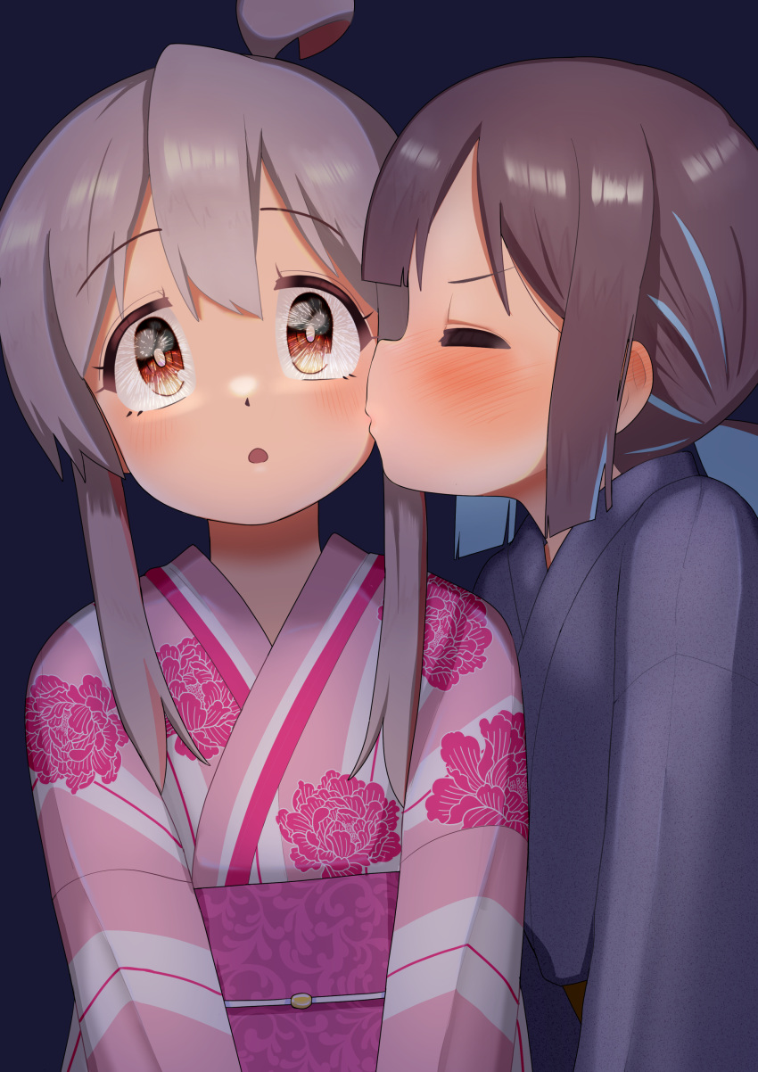 2girls, :o, absurdres, aerial_fireworks, ahoge, black_kimono, blue_hair, blunt_bangs, blunt_ends, blush, brown_eyes, brown_hair, child_on_child, closed_eyes, commentary_request, ear_blush, eye_reflection, fireworks, floral_print, floral_print_kimono, grey_hair, hair_between_eyes, happyundergate, highres, hozuki_momiji, japanese_clothes, kimono, kiss, kissing_cheek, multiple_girls, obi, onii-chan_wa_oshimai!, open_mouth, oyama_mahiro, pink_kimono, print_kimono, reflection, sash, short_hair, short_ponytail, sidelocks, surprise_kiss, surprised, upper_body, yuri