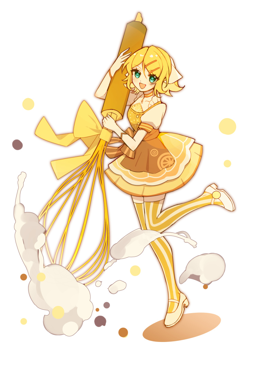1girl, absurdres, apron, blonde_hair, blue_eyes, blush, bow, choker, cream, dress, frills, gloves, hair_ornament, hairclip, highres, holding, holding_whisk, kagamine_rin, looking_at_viewer, mary_janes, open_mouth, oversized_whisk, puffy_short_sleeves, puffy_sleeves, shoes, short_hair, short_sleeves, simple_background, smile, solo, standing, standing_on_one_leg, striped_clothes, striped_thighhighs, sweet_magic_(vocaloid), thigh-highs, vocaloid, whisk, xzorq
