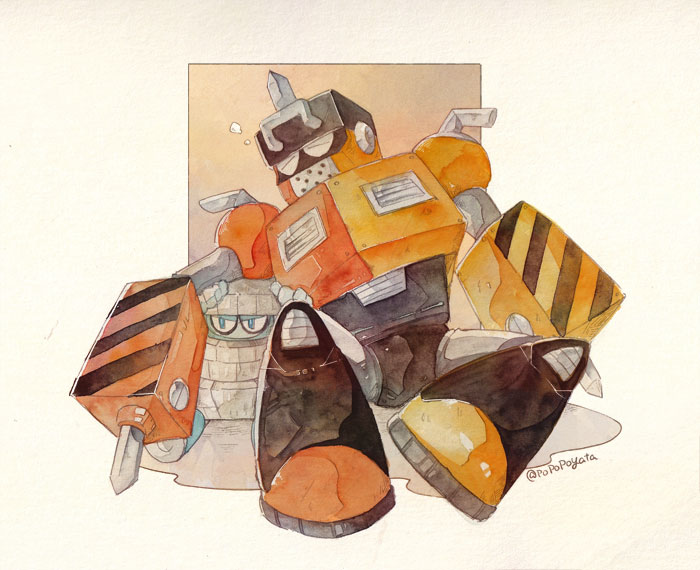 armor, armored_boots, block_man, boots, closed_eyes, holding_another's_arm, impact_man, mega_man_(classic)