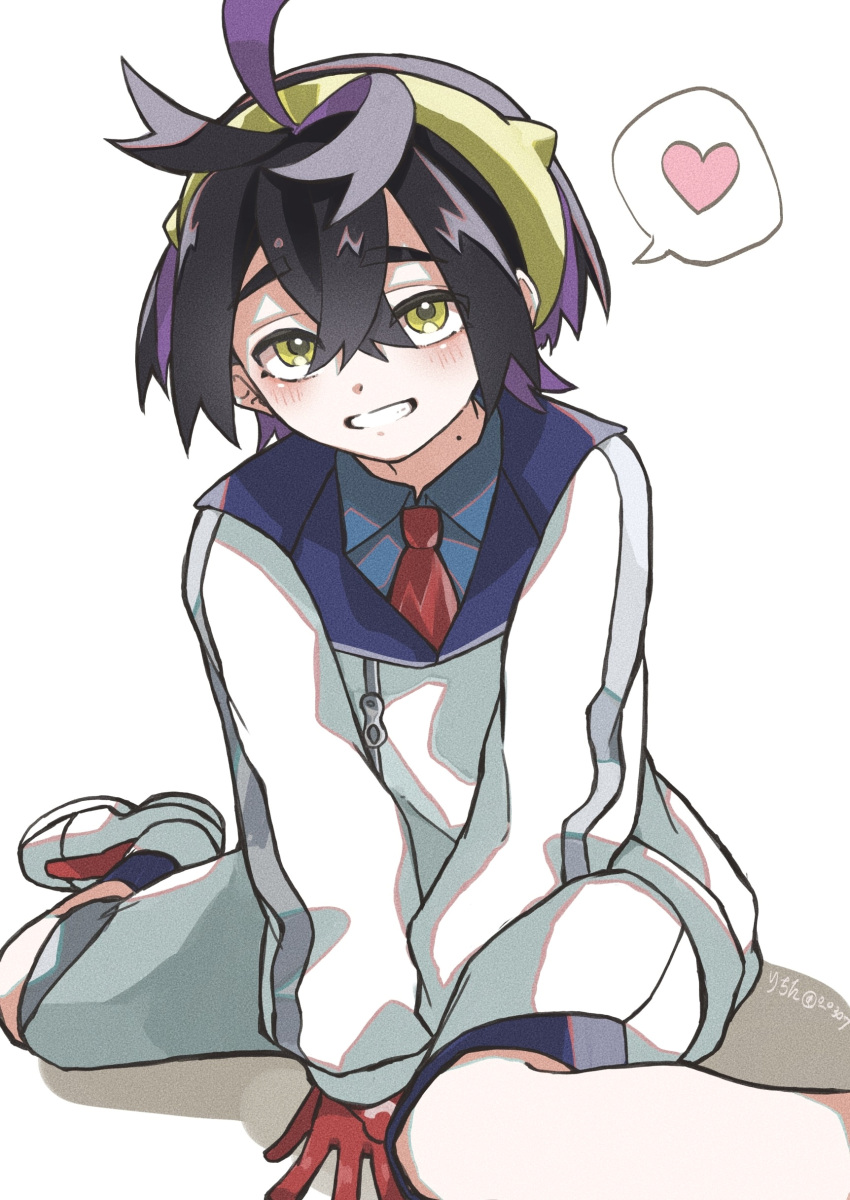 1boy, absurdres, ahoge, black_hair, blush, collared_shirt, commentary_request, gloves