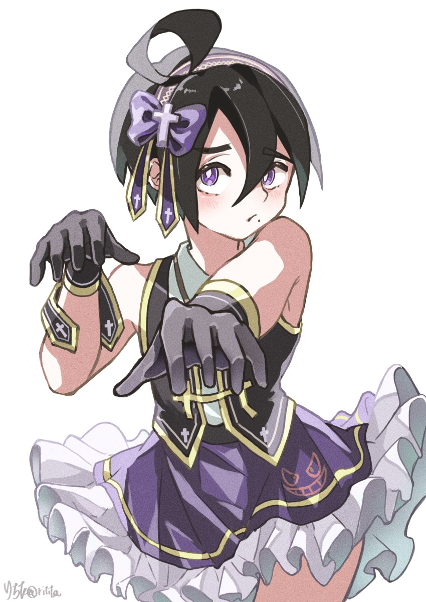 1boy, absurdres, ahoge, allister_(pokemon), alternate_costume, bare_shoulders, black_hair, black_vest