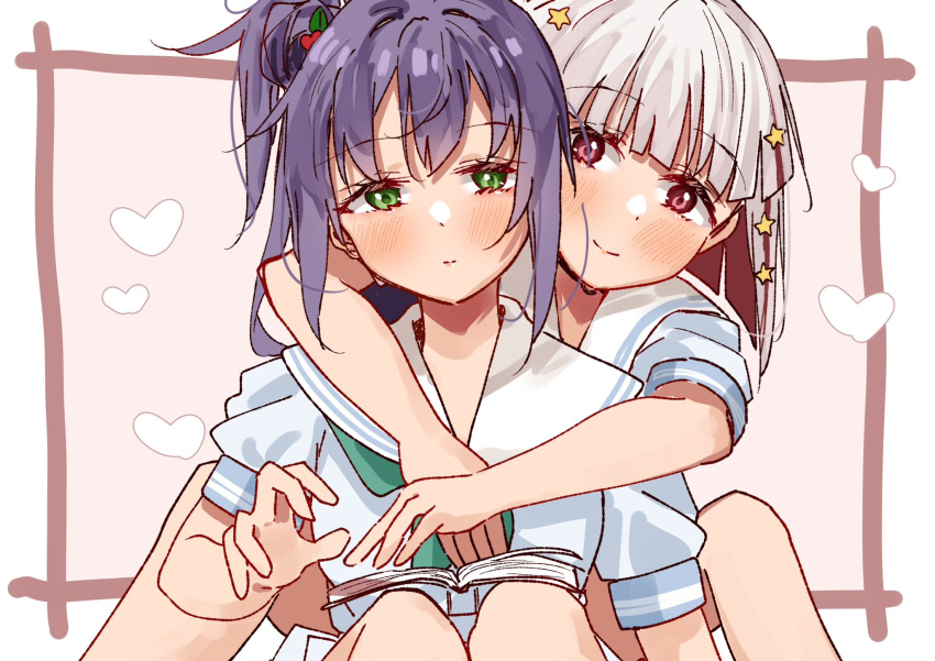 2girls, aqua_neckerchief, arms_around_neck, black_choker, blue_dress, blush, bob_cut, book