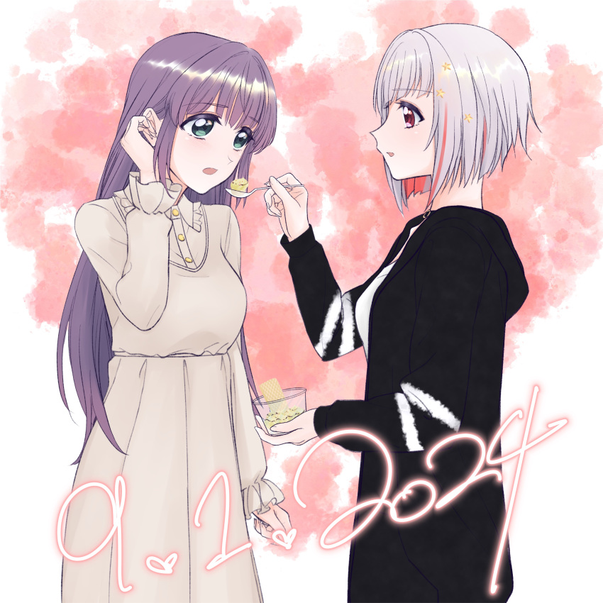 2girls, :o, absurdres, aegis_zan, black_choker, black_jacket, bob_cut, breasts