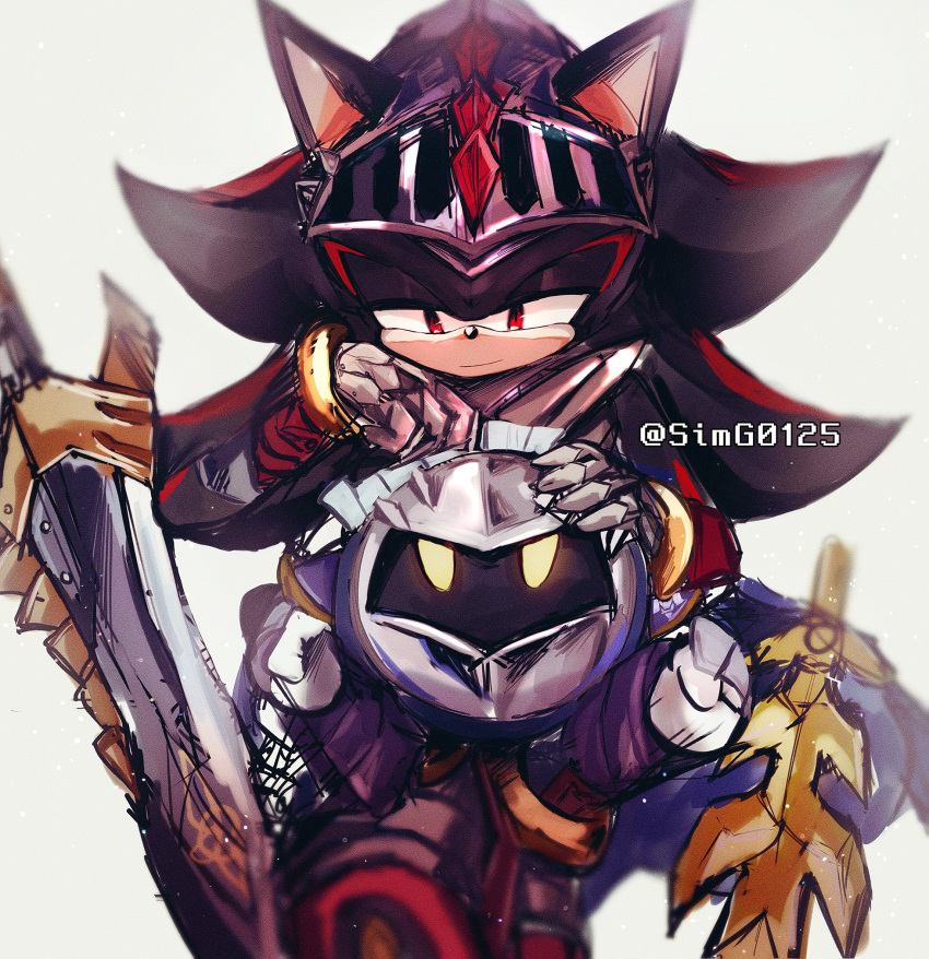1boy, animal_ears, animal_nose, arondight_(sonic), artist_name, black_fur, black_hair, blurry, body_fur, closed_mouth, commentary_request, crossover, depth_of_field, english_commentary, eye_contact, furry, furry_male, galaxia_(sword), gauntlets, gloves, grey_background, grey_gloves, half-closed_eyes, hand_on_another's_head, helmet, highres, kirby_(series), korean_commentary, long_hair, looking_at_another, looking_down, looking_up, maid_headdress, male_focus, meta_knight, mixed-language_commentary, multicolored_hair, nintendo, planted, planted_sword, red_eyes, redhead, sega, shadow_the_hedgehog, shapam_(zeepgalae), simple_background, sir_lancelot_(sonic), sitting, sitting_on_lap, sitting_on_person, sonic_(series), sonic_and_the_black_knight, spiky_hair, straight-on, streaked_hair, sword, trait_connection, twitter_username, two-tone_hair, visor_(armor), watermark, weapon, white_gloves, yellow_eyes