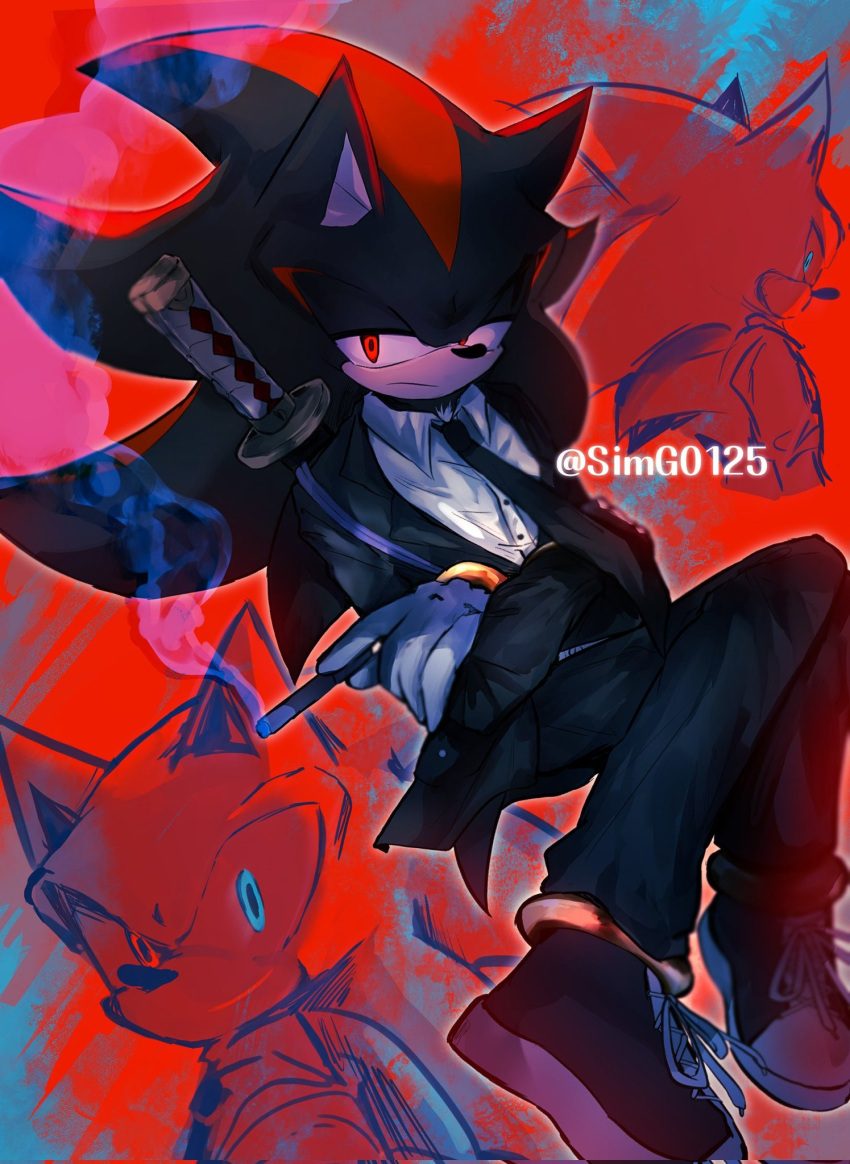 2boys, alternate_costume, animal_ears, animal_nose, artist_name, black_footwear, black_fur, black_hair, black_jacket, black_necktie, black_pants, blue_eyes, body_fur, chainsaw_man, cigarette, closed_mouth, collared_shirt, commentary, cosplay, cross-laced_footwear, crossed_arms, english_commentary, full_body, furry, furry_male, gloves, half-closed_eyes, hayakawa_aki, hayakawa_aki_(cosplay), heterochromia, highres, holding, holding_cigarette, invisible_chair, jacket, katana, knees_together_feet_apart, knees_up, long_hair, long_sleeves, looking_at_viewer, male_focus, multicolored_hair, multiple_boys, multiple_views, necktie, open_clothes, open_jacket, pants, red_background, red_eyes, redhead, shadow_the_hedgehog, shapam_(zeepgalae), shirt, shoes, sitting, smoke, smoking, sneakers, solo_focus, sonic_(series), sonic_the_hedgehog, spiky_hair, streaked_hair, sword, twitter_username, two-tone_hair, unamused, watermark, weapon, weapon_on_back, white_gloves, white_shirt