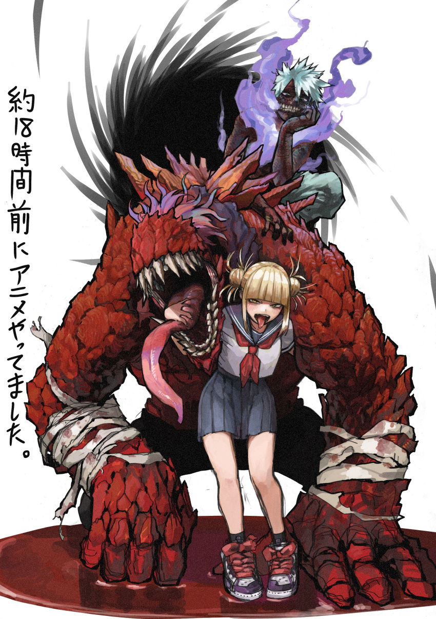 1girl, 2boys, absurdres, black_sailor_collar, black_skirt, blonde_hair, blunt_bangs, boku_no_hero_academia, burnt_face, dabi_(boku_no_hero_academia), double_bun, fire, hair_bun, highres, horikoshi_kouhei, monster, multiple_boys, neckerchief, official_art, open_mouth, pleated_skirt, purple_fire, red_neckerchief, sailor_collar, school_uniform, shirt, shoes, skirt, sneakers, spiky_hair, spinner_(boku_no_hero_academia), teeth, toga_himiko, tongue, tongue_out, white_background, white_hair, white_shirt