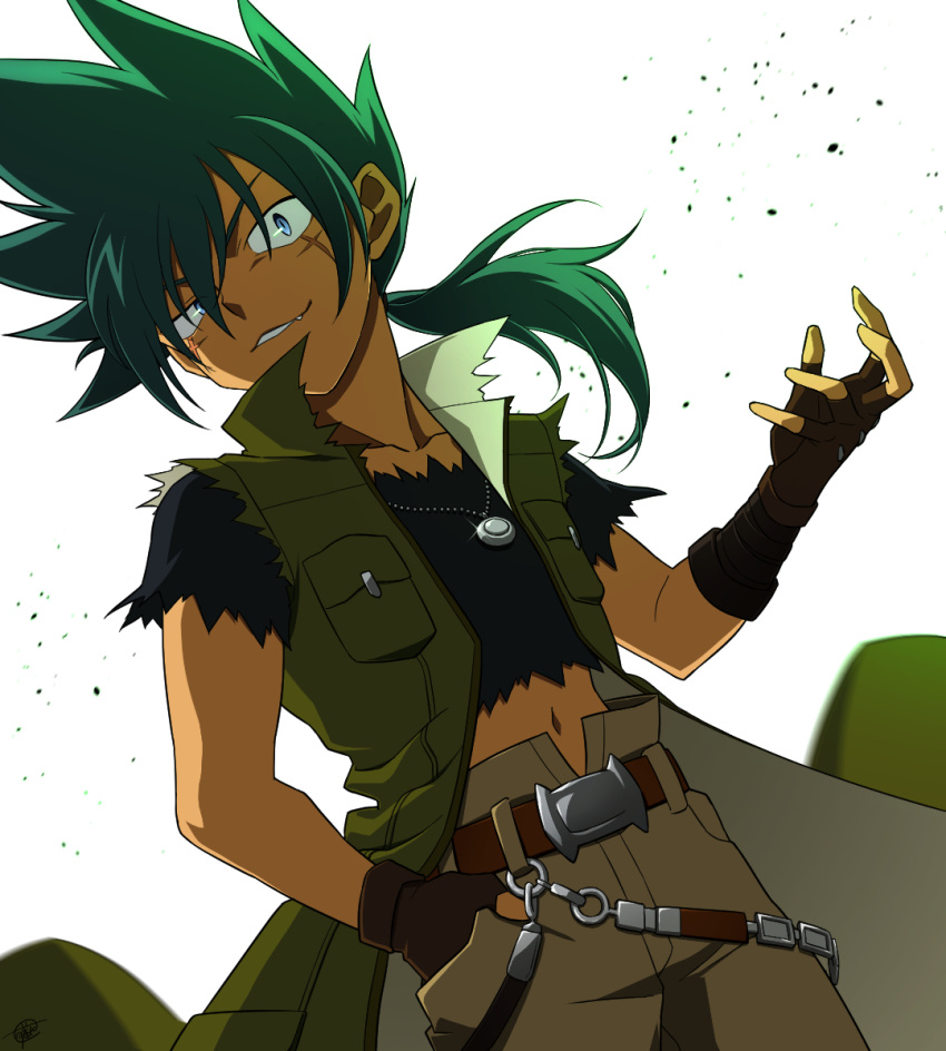 1boy, belt, beyblade, black_shirt, blue_eyes, brown_belt, cargo_pants, coat, fang, fingerless_gloves, fujihana_(mugenpixel), gloves, green_coat, green_hair, hair_between_eyes, hand_in_pocket, highres, jewelry, long_coat, looking_at_viewer, male_focus, metal_fight_beyblade, pants, pendant, ponytail, scar, shirt, slit_pupils, solo, spiky_hair, tategami_kyouya, torn_clothes