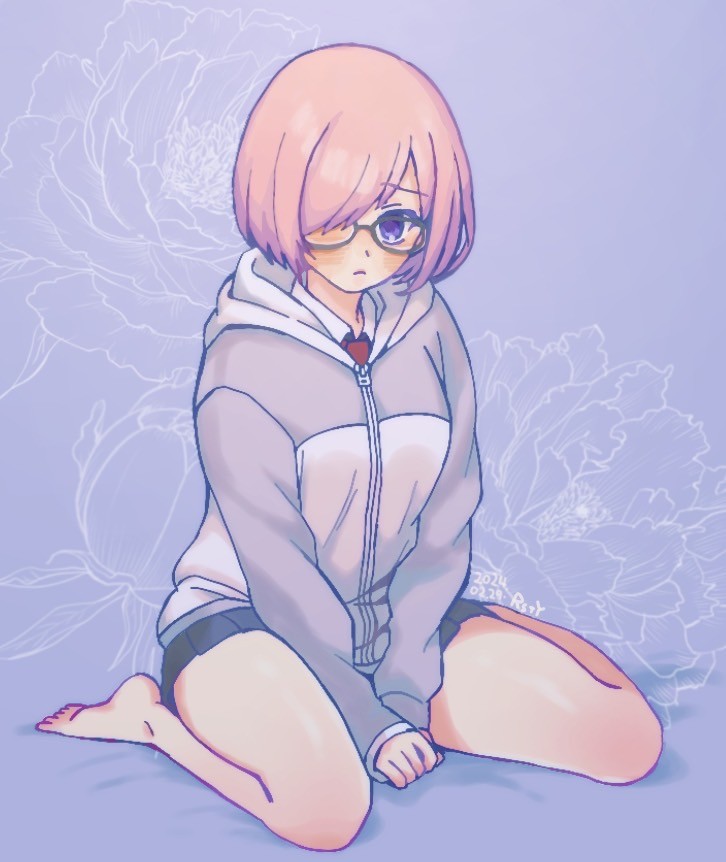 1girl, barefoot, black-framed_eyewear, black_skirt, closed_mouth, commentary_request, drrr-shizu0304, fate/grand_order, fate_(series), glasses, grey_hoodie, hair_over_one_eye, hood, hood_down, hoodie, long_sleeves, looking_at_viewer, mash_kyrielight, one_eye_covered, pink_hair, pleated_skirt, purple_background, short_hair, simple_background, sitting, skirt, sleeves_past_wrists, solo, toes, violet_eyes
