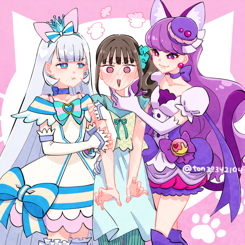 3girls, :t, @_@, animal_ears, aqua_bow, aqua_bowtie, aqua_dress, aqua_leggings
