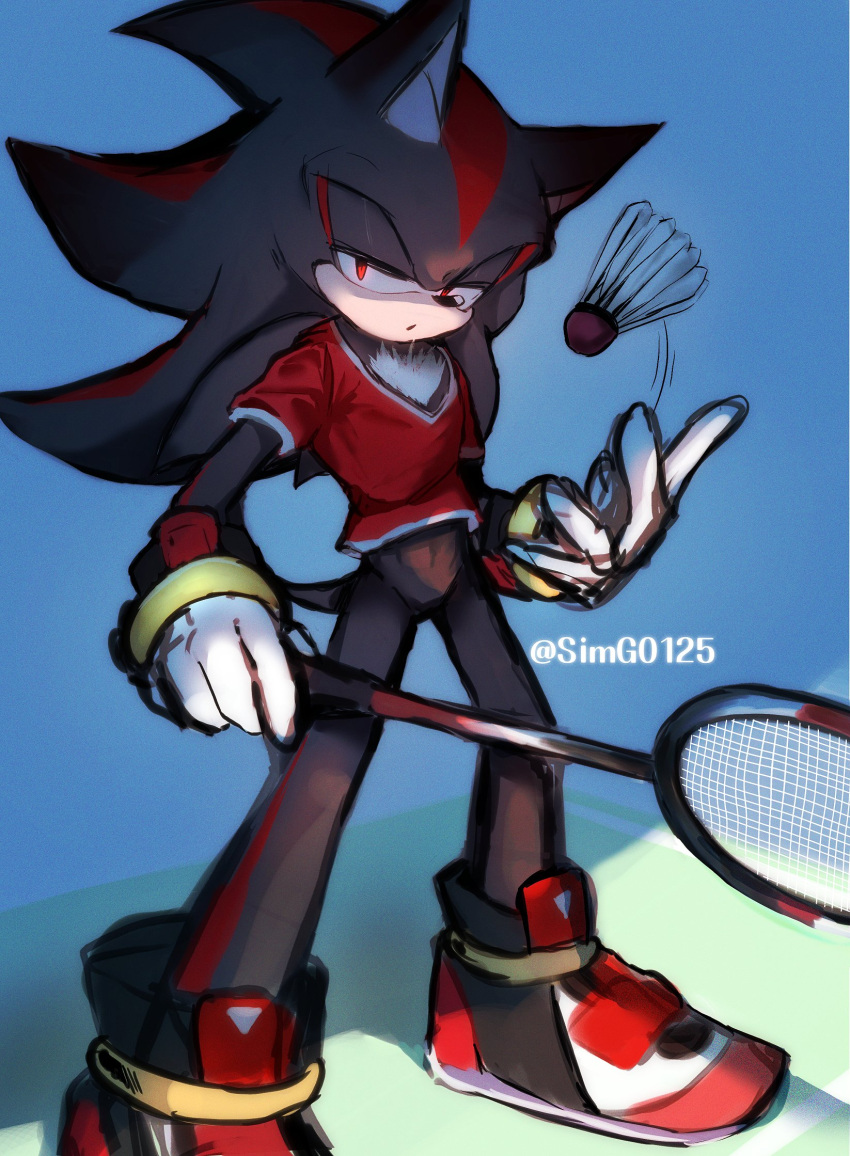 1boy, animal_ears, animal_nose, artist_name, badminton, badminton_racket, black_fur, black_hair