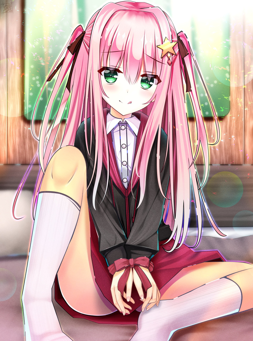 1girl, :q, absurdres, black_jacket, blurry, blurry_background, blush, bound
