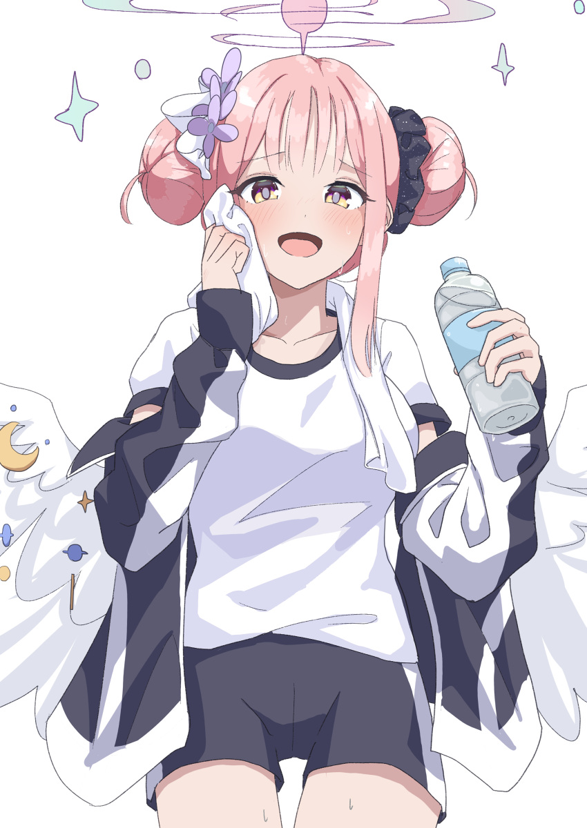 1girl, absurdres, alternate_costume, alternate_hairstyle, angel_wings, black_jacket, blue_archive, bottle