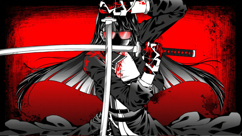 1girl, arm_up, belt, blood, blood_on_clothes, blood_on_hands, blunt_bangs, coat, commentary, contempt_awe_(e.g.o), corrupted_twitter_file, crossed_swords, dual_wielding, e.g.o_(project_moon), english_commentary, facing_viewer, hand_up, hellsing, highres, holding, holding_sword, holding_weapon, jemychi, katana, limbus_company, limited_palette, long_hair, long_sleeves, ootachi, opaque_sunglasses, open_clothes, open_shirt, project_moon, red-tinted_eyewear, red_background, ryoshu_(project_moon), shaded_face, shirt, solo, spot_color, sunglasses, sword, tinted_eyewear, very_long_hair, weapon