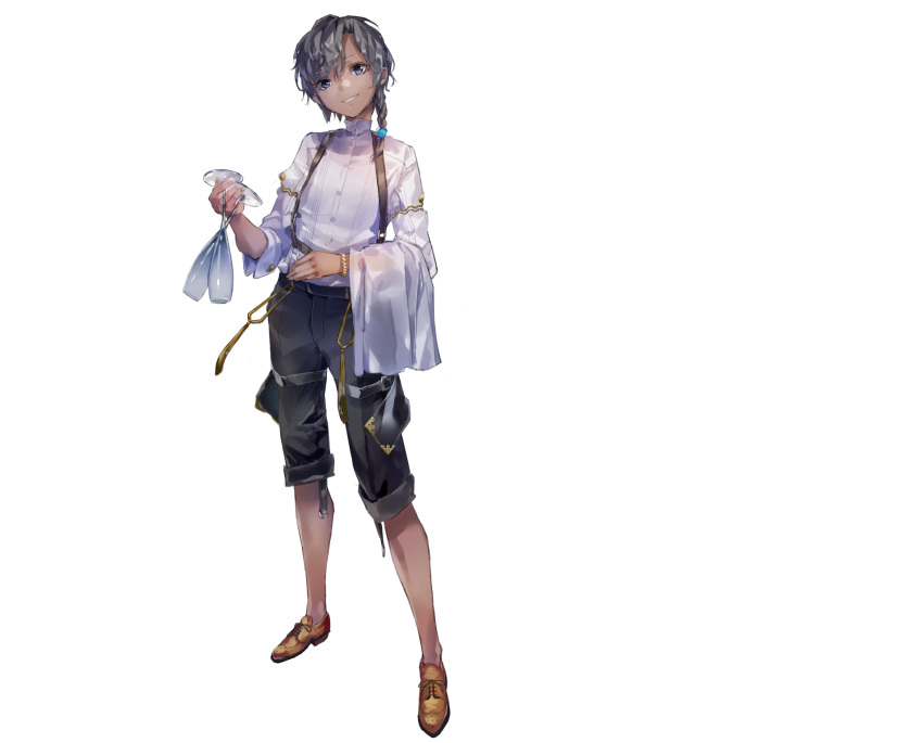1boy, atelier_(series), atelier_sophie_2, black_hair, black_pants, bracelet, braid, brown_footwear, champagne_flute, chest_harness, collared_shirt, cup, dark-skinned_male, dark_skin, drinking_glass, full_body, gnome_dumortier, harness, highres, holding, holding_cup, holding_towel, jewelry, loafers, long_sleeves, looking_at_viewer, male_focus, official_art, open_mouth, pants, second-party_source, shirt, shoes, short_hair, side_braid, simple_background, smile, solo, standing, towel, violet_eyes, white_background, white_shirt, yuugen