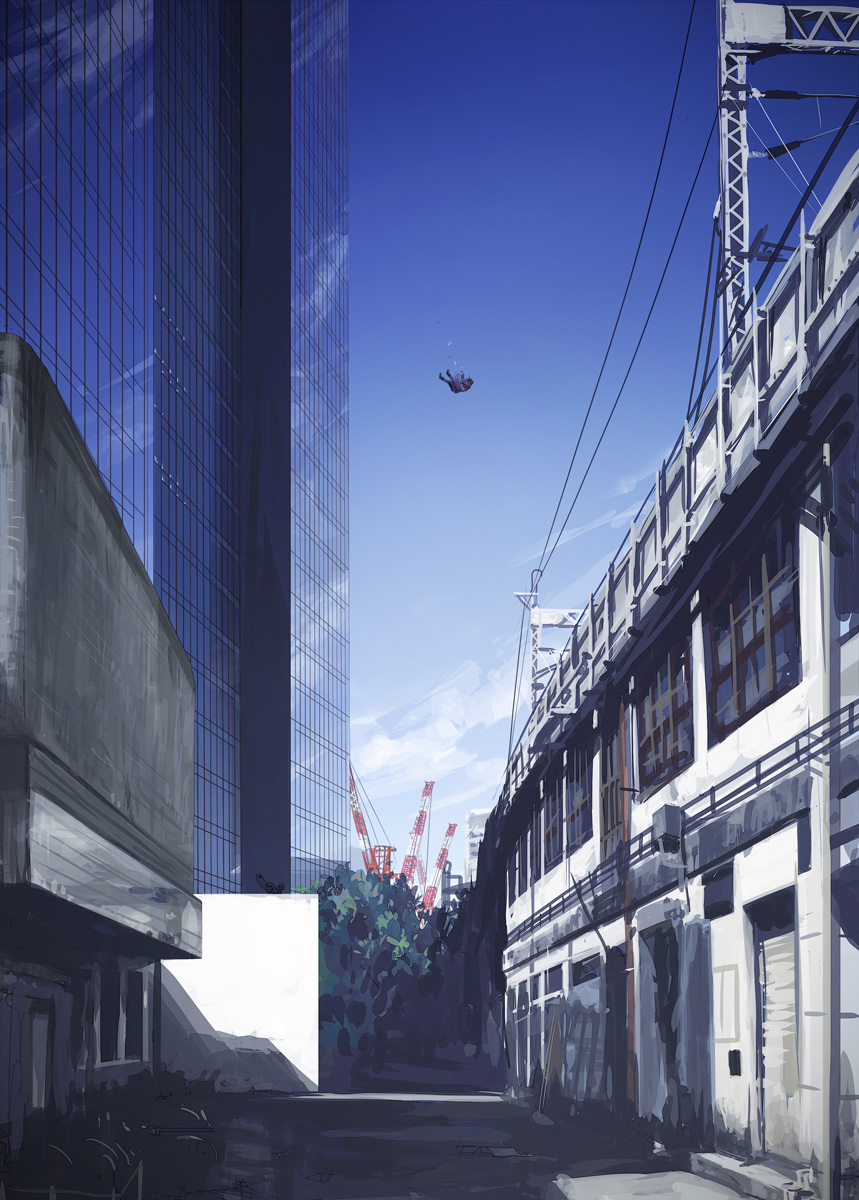 1boy, alley, black_footwear, black_shirt, blue_pants, blue_sky, brown_hair, building
