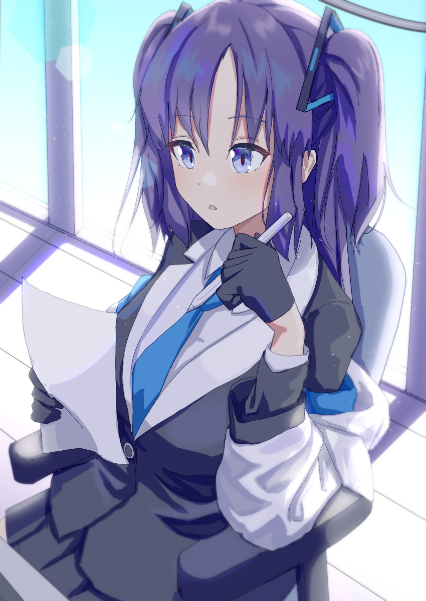 1girl, absurdres, black_shirt, blue_archive, blue_eyes, blue_hair, blue_necktie, breasts