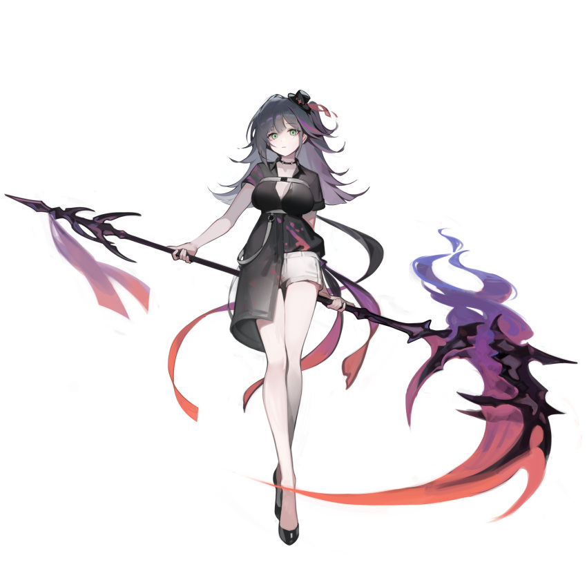 1girl, abigail_(black_survival), absurdres, black_hair, black_survival, closed_mouth, commentary, eternal_return:_black_survival, full_body, green_eyes, hat, highres, holding, holding_scythe, long_hair, looking_at_viewer, ribiadan, scythe, short_shorts, shorts, white_background